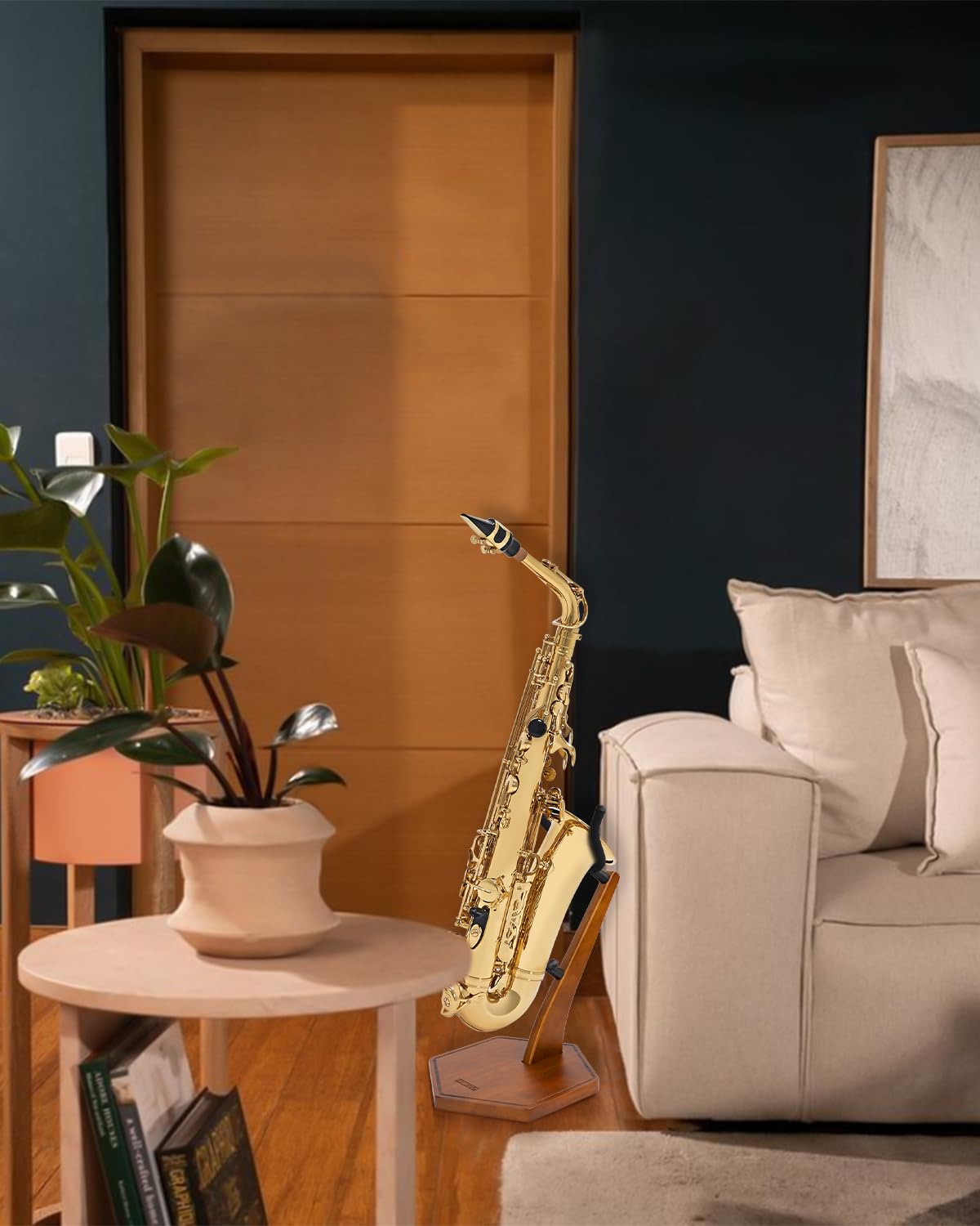 STRICH Holz-Saxophonständer für Alt-/Tenorsaxophon, Handgefertigter Massivholz-Bodenständer in Walnussfarbe Mit Schwerem, Beschwertem Sockel (FH-4, Sax)