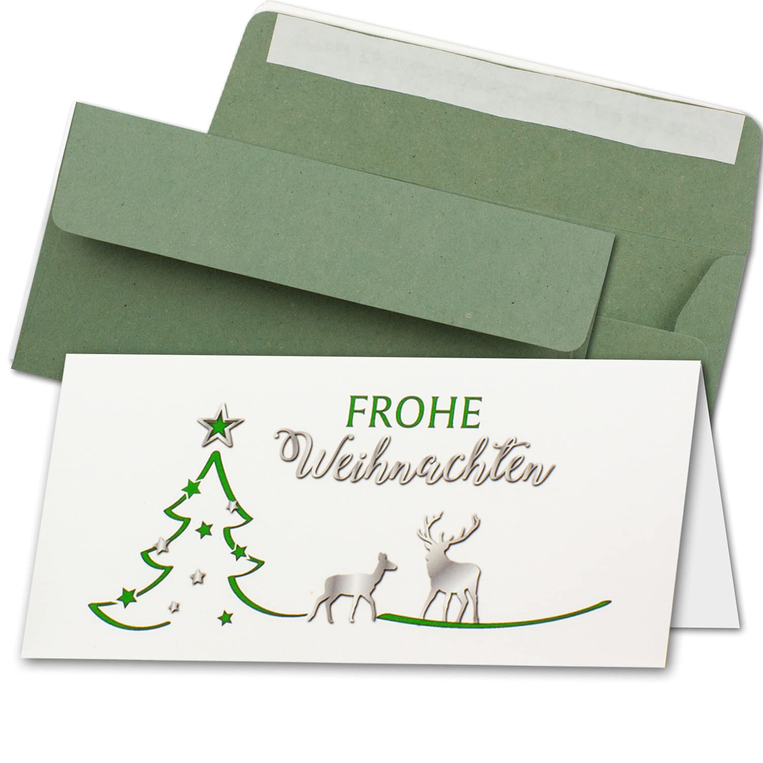 Set De 75 Tarjetas De Navidad DIN Largo En Color Blanco Con Abeto Verde Y Renos