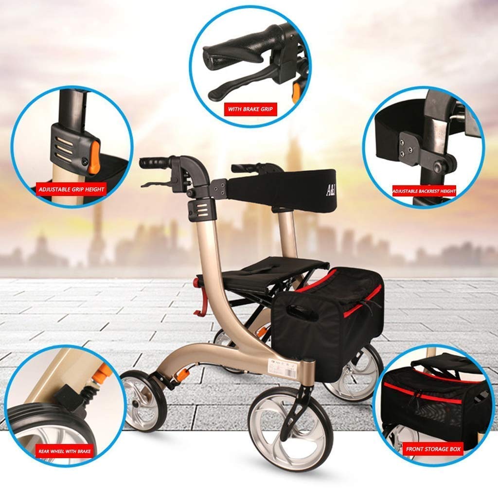 Chodzik, składany 4-kołowy wózek spacerowy z wyściełanym siedzeniem Zamykane hamulce Ergonomiczne uchwyty i torba transportowa Ograniczona pomoc w poruszaniu się Maks. użytkownik 100 kg, złoty little