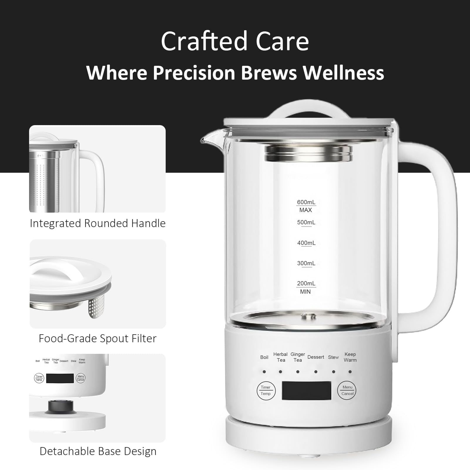 Hervidor de Vidrio 0,6L, 500W Control Temperatura, Táctil | Temporizador 24h, Sin BPA, para Té y Café, Compacto para Oficina y Hogar, Apagado Automático