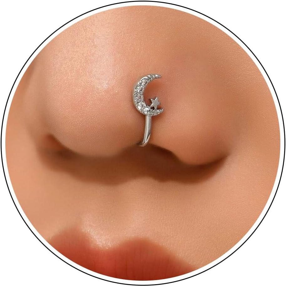 CZ Fake Nose Ring for Women Gold Moon Star Septum Nose Rings Indian U Shaped Clip on Nose Cuff Faux Diamond Moon Star Bendable Nose Ring Stud Non Piercing Body Halloween Jewelry
