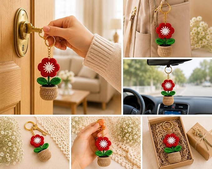 Image of Handmade Crochet Keychain Combo for Girls Women Cute Aesthetic Sunflower Strawberry Watermelon Daisy Knitted Keychain Bag Charm Purse Charm Car Key Ring Backpack Accessories Gift