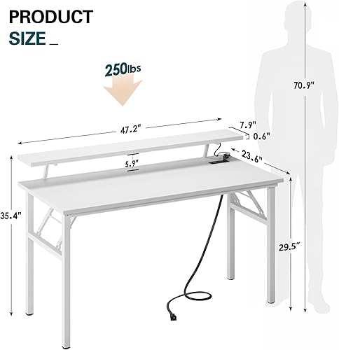 Miniatura 3 de Need Escritorio para computadora de 47.2 pulgadas con luces LED y tomas de corriente, escritorio plegable con estante para monitor, escritorio
