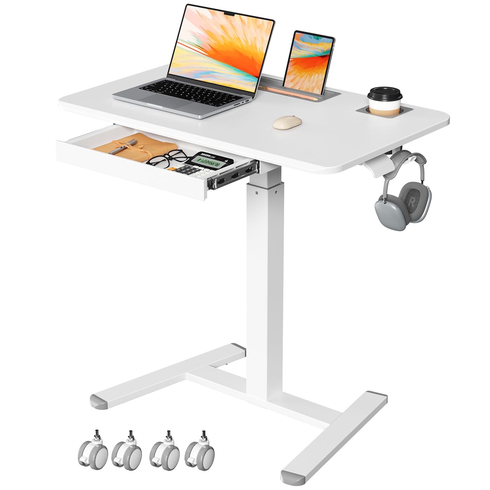 mobile standing desk with drawer, 32" rolling desk with cup holder and hooks, portable laptop cart on wheels, height adjustable workstation with storage for home office, white