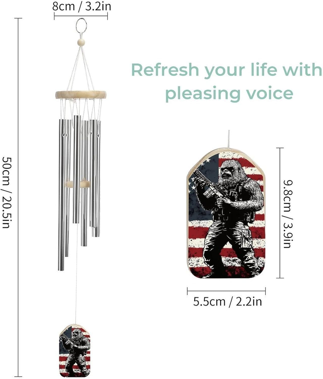 Bigfoot Holding Rifle U.S. Flag Wooden Wind Chimes Deep Tone Memorial Windchime for Outside Garden Home Decoration