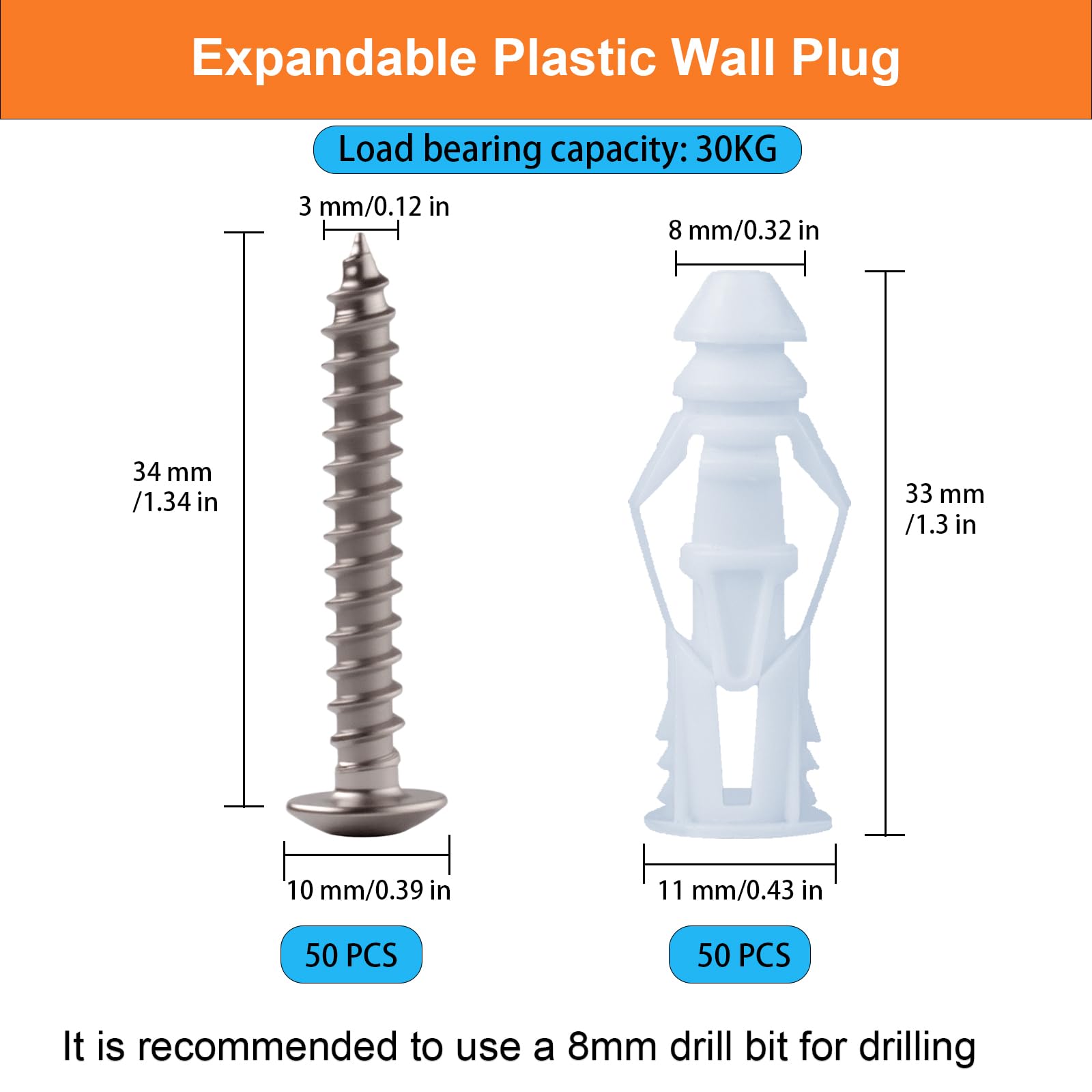 ZUYUEE 100PCS Stainless Steel Screws and Wall Plugs Set,(8x32mm) Plasterboard Fixings Dry Wall Anchor Screws Raw Plugs for Brick Wall - Image 2