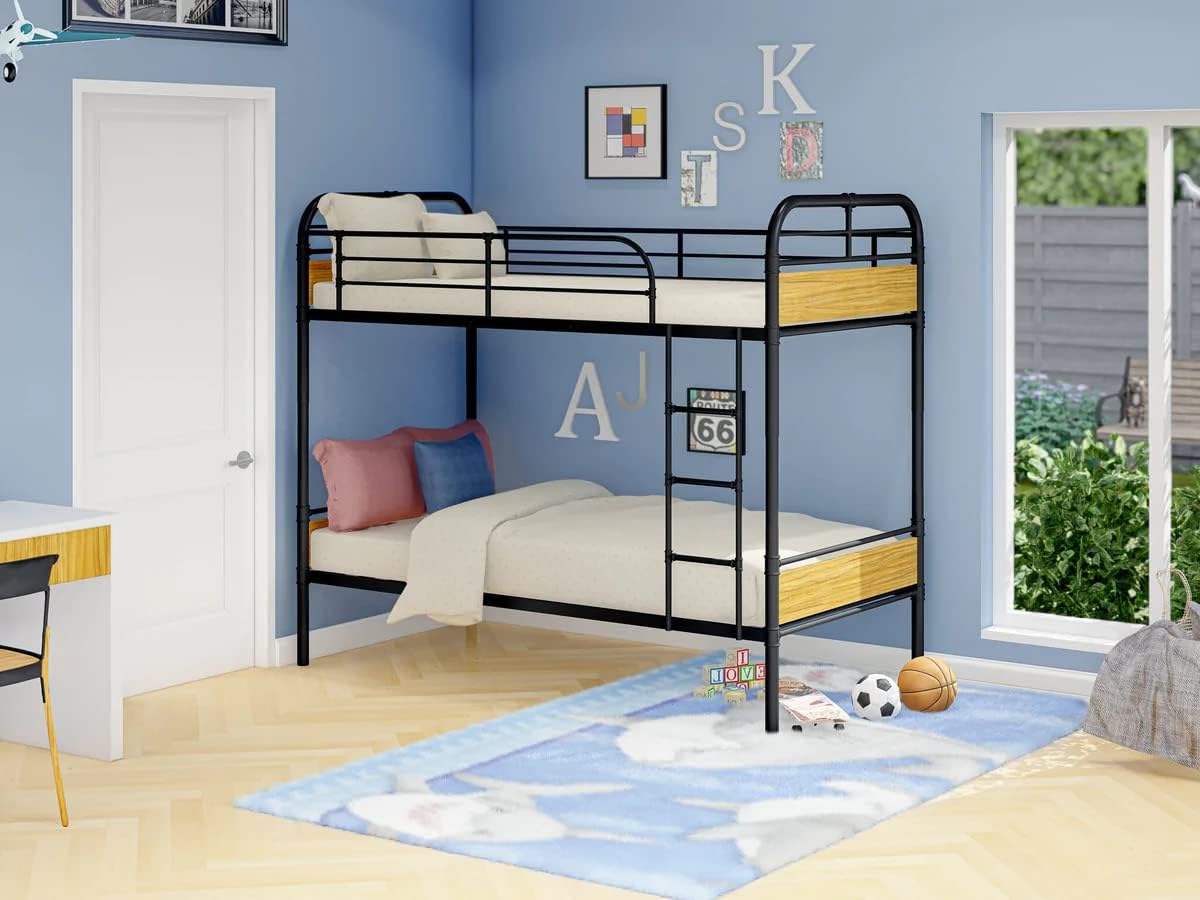 East West Furniture HYT0B01-1 Hedley Bunk Bed Frame with 4 Metal Legs - Magnificent Twin Bed in Powder Coating Black Color and Wea Ther Wood Laminate