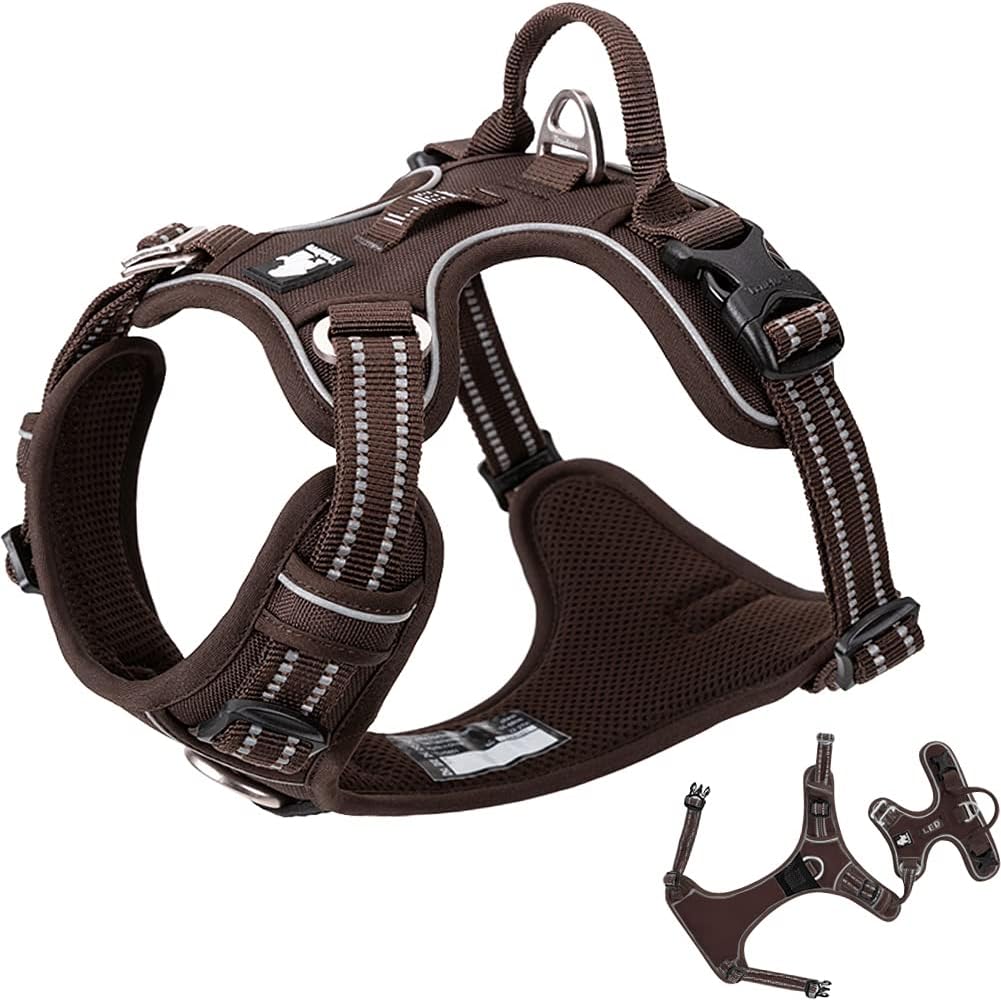 No Pull Dog Harness Reflective Dog Vest Harness with Handle Front Clip Padded Dog Harness for Puppy Medium Large Dogs 3 Buckles Easy to Put on & Take Off Brown M