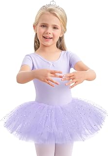 Aiseyi Vestido de ballet para niña, con lentejuelas, tutú para niños, algodón, manga corta, maillot de ballet, vestido de ballet, tutú, morado, 140