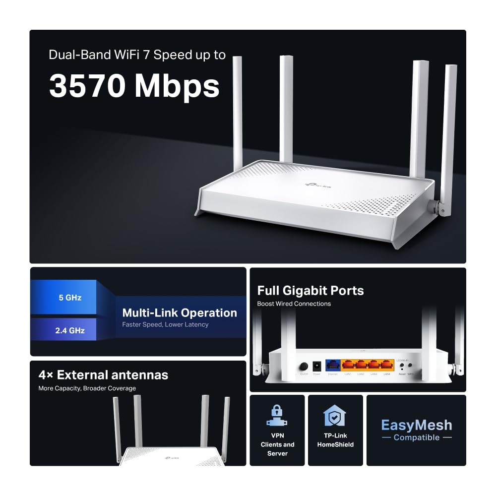 TP-Link Archer BE220W - Router WiFi 7, BE3600, Doble Banda, Puertos Gigabit | Amplia Cobertura. Conexión Estable para Muchos Dispositivos. Compatible con EasyMesh. Control App Tether.