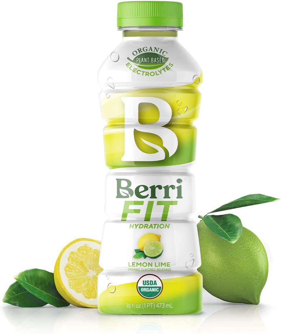 Berri Fit Hydration - Organic Lemon Lime Flavor Natural Sports Drink - Plant-Based Electrolyte Beverage – Low Calorie, Paleo Coconut Water Solution, 16oz, 12ct