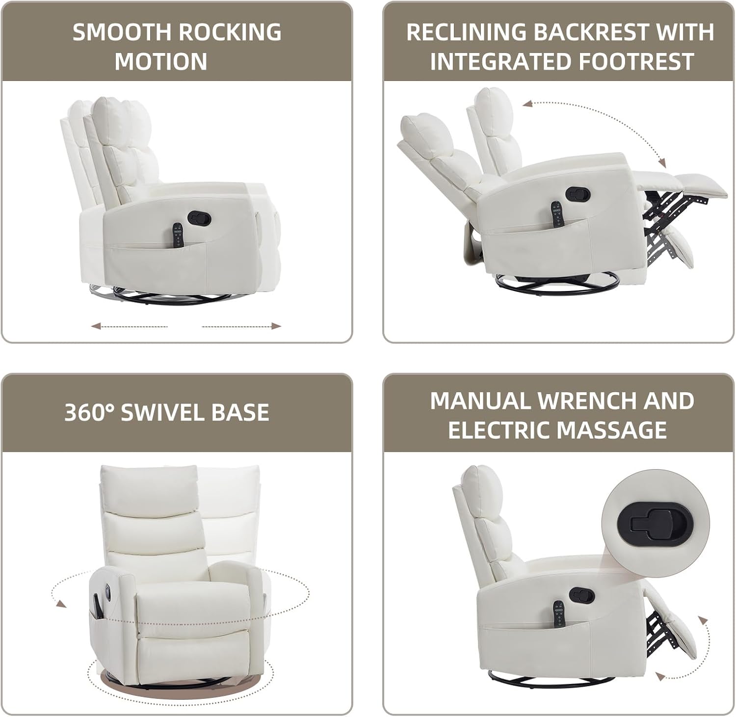 PELUMY 360° Swivel Rocker Recliner with Heat & Vibration Massage, Glider Rocking Chair for Adults, Compact Recliner for Living Room, Small Spaces, Nursery, Bedroom (Breathable Leather, White)
