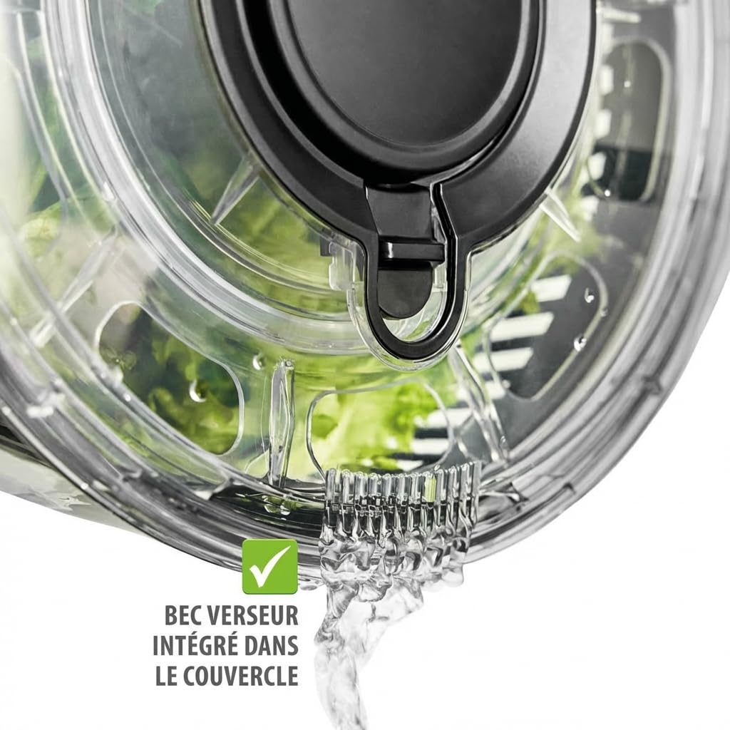 GEFU Essoreuse à Salade Rotative 5L - Sèche-Laitue avec Mécanisme Push | Bol de service transparent avec bouton stop, anneau antidérapant et passoire amovible, compatible lave-vaisselle