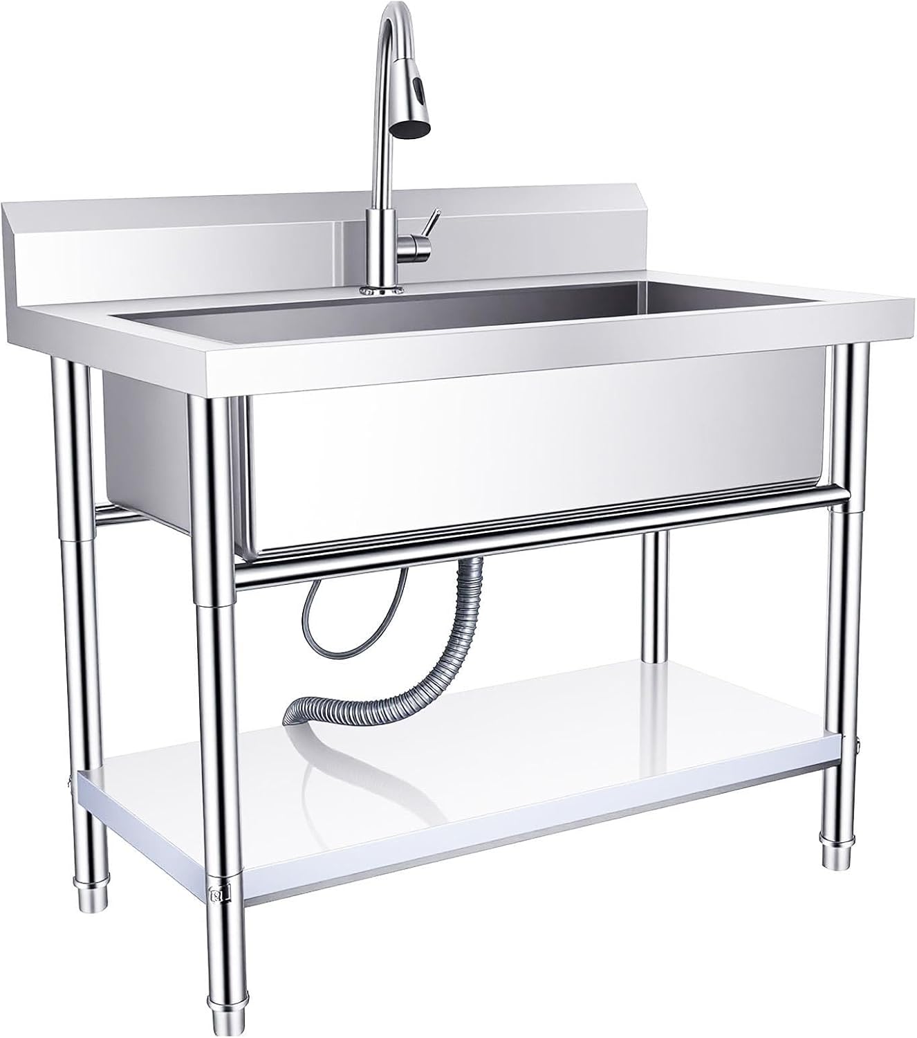 40-Inch Commercial Utility Sink, Stainless Steel Stand Alone Unit with Pull-Out Faucet & Hose Kit, Heavy Duty 23" Deep Bowl for Garage, Workshop, Utility Room, Garden, Outdoor