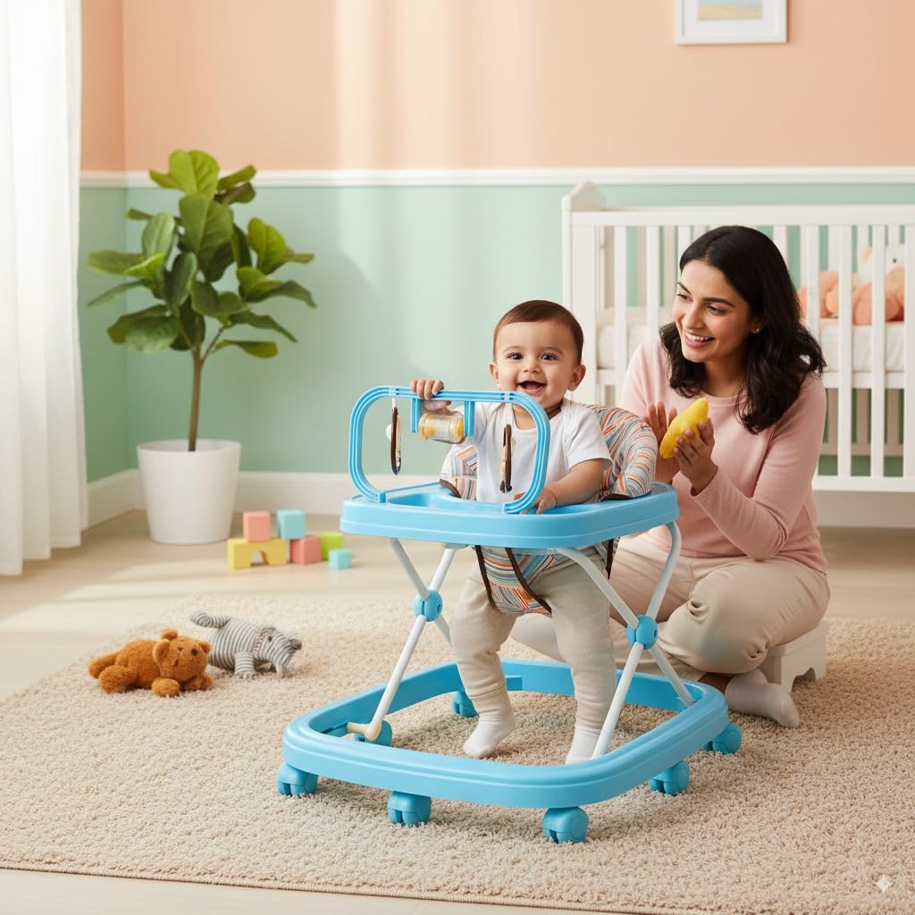 Blushbaby 360° Baby Walker for 6-18 Months | 5-Height Adjustable Activity Walker with Cushioned Seat, Meal Tray & Toy Bar | Foldable & Lightweight Walker for Boys & Girls (Sky Blue)