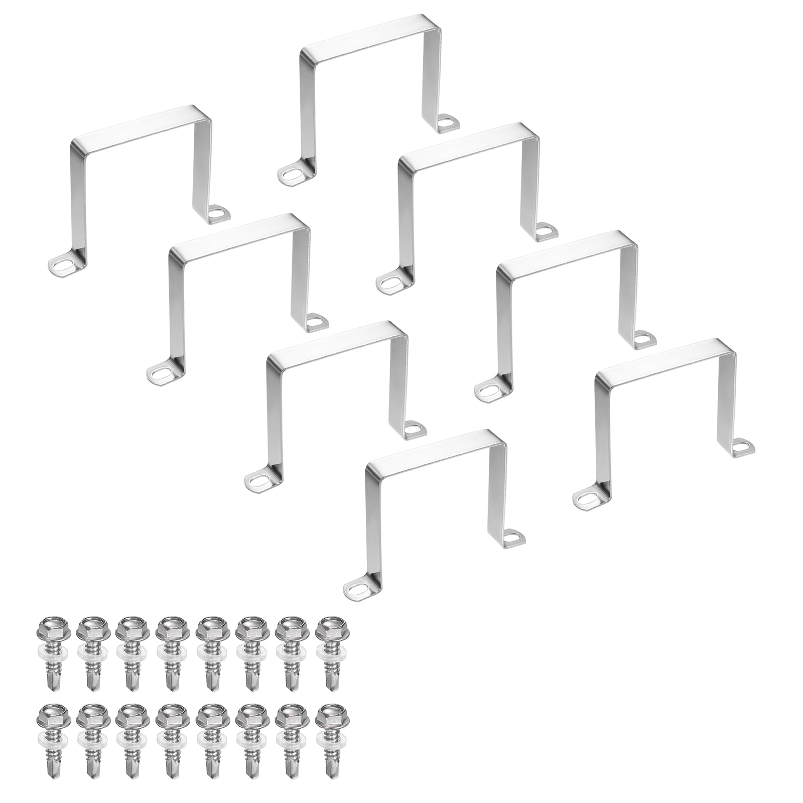 sourcing map 8set U Shaped Connector Bracket 80x80mm 304 Stainless Steel Square Pipe Clamp with Self Tapping Screw Square Tube Buckle for Pipe Hose Cable Automotive Parts, Silver — image 1