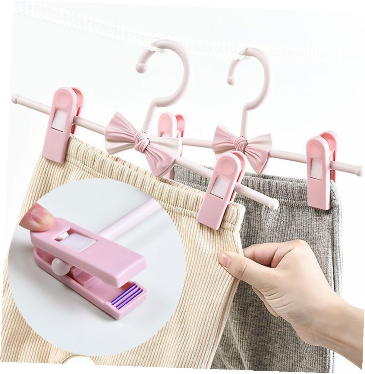 Adjustable Anti-Skid Pants and Skirt Hangers, Pink Stretchable Clip Hangers with Extendable Design, 10pcs Home Closet Organizer for ’ Clothing