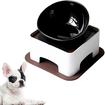 Bulldog Bowl Ceramic Dog Food Bowl - Dog Cat Dish Wide Mouth Dog Bowl Pet Sterile Tilted Pet Feeder with Anti-Skid Rubber Mat M/1.5 CupBlack Bowl