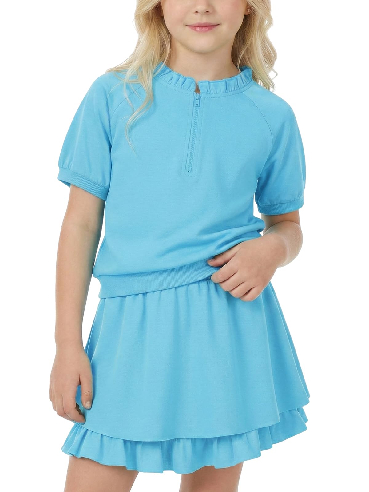 Hotfiary Conjunto de 2 piezas de verano para niñas de 5 a 14 años, cuello con volantes, cremallera de 1/4, camiseta de manga corta y pantalones cortos
