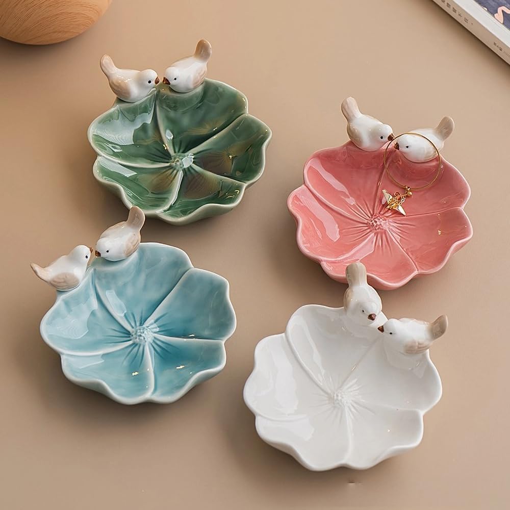 Lotus Leaf Bird Ceramic Jewelry Dish, Ring Tray for Women (Green)