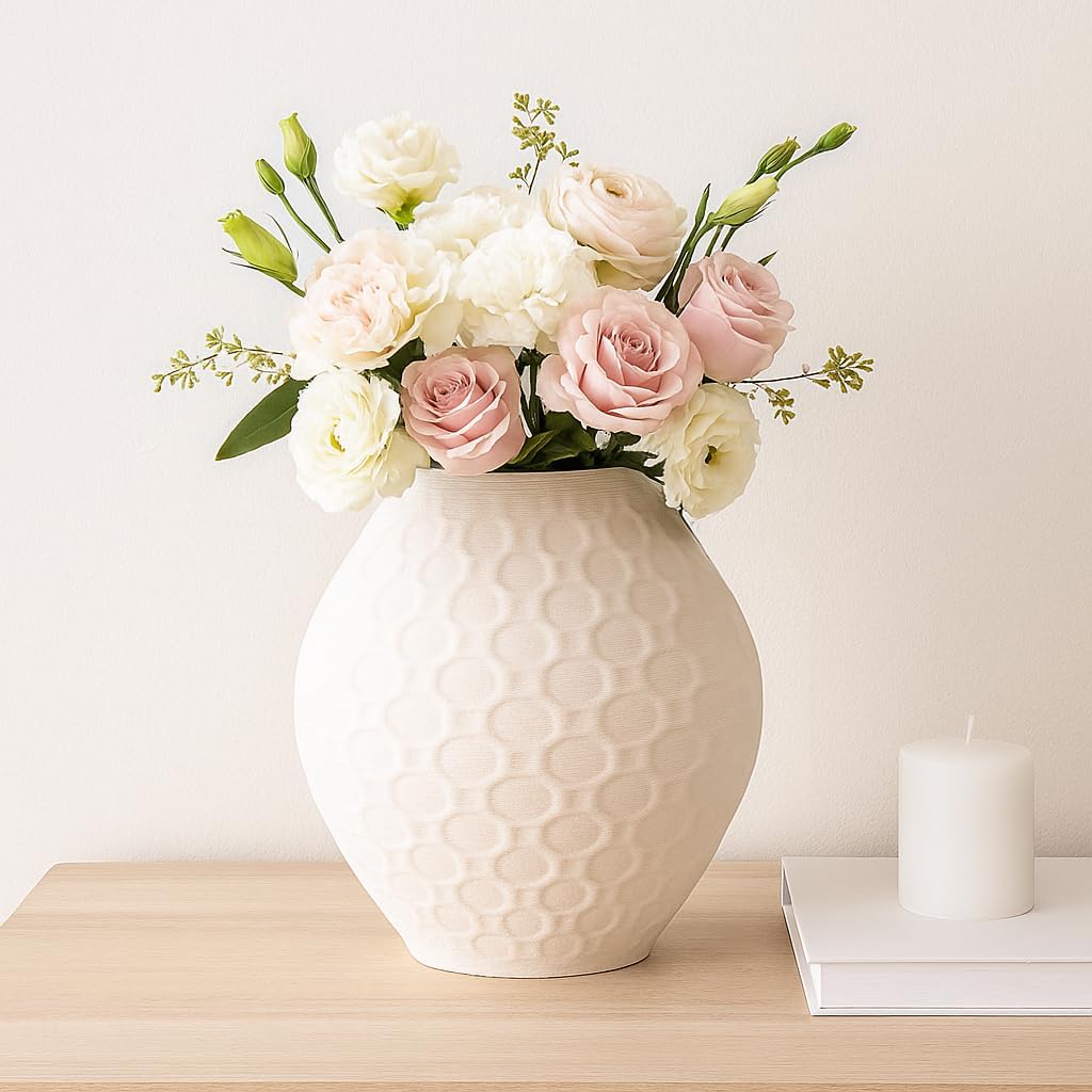 Ceramic Vase for Home Decor – 3D Printed Accent for Living Room, Bedroom, or Table Decor – Elegant Flower Vase Adds Texture to Bookshelve, Office, and House Stylings– 11" Ivory