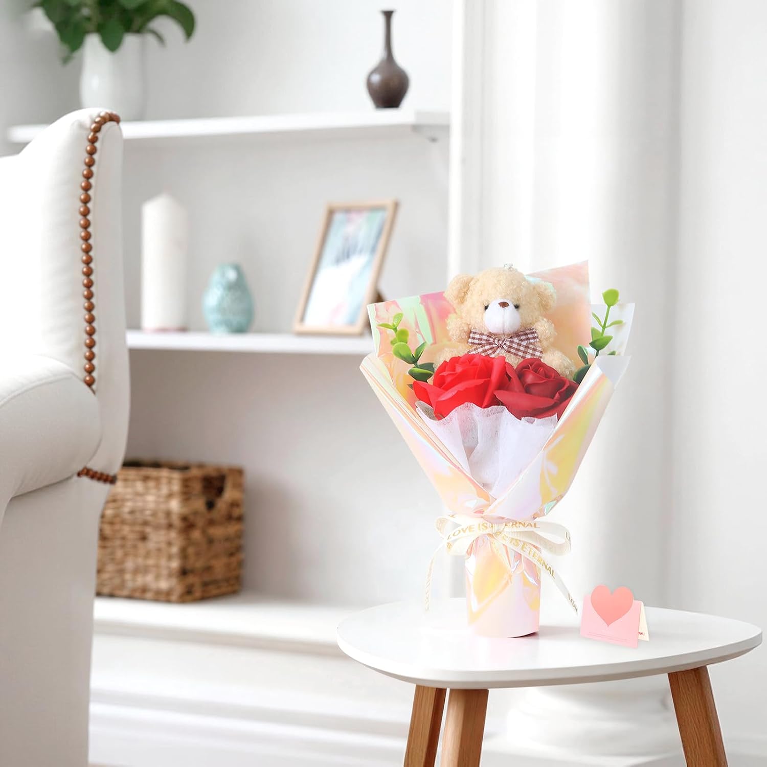 Preserved Flowers Bouquet, Eternal Flower Roses with Bear for Mom Grandma Wife Women on Mothers Day Anniversary Birthday Valentines, Romantic Gifts for Her (Red)