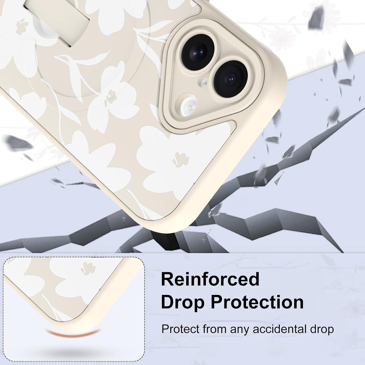 Magnetic Case for iPhone 17 with Finger Hand Strap Kickstand [Compatible with Magsafe] Cute Aesthetic Floral Flower for Women Men, Full Camera Protection Shockproof Cover, White