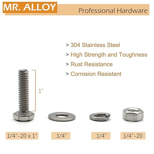 Miniatura 2 de Kit de tornillos, tuercas y arandelas de 14-20, 12 juegos, pernos hexagonales de acero inoxidable 304 con tuercas, arandelas planas de 14 y