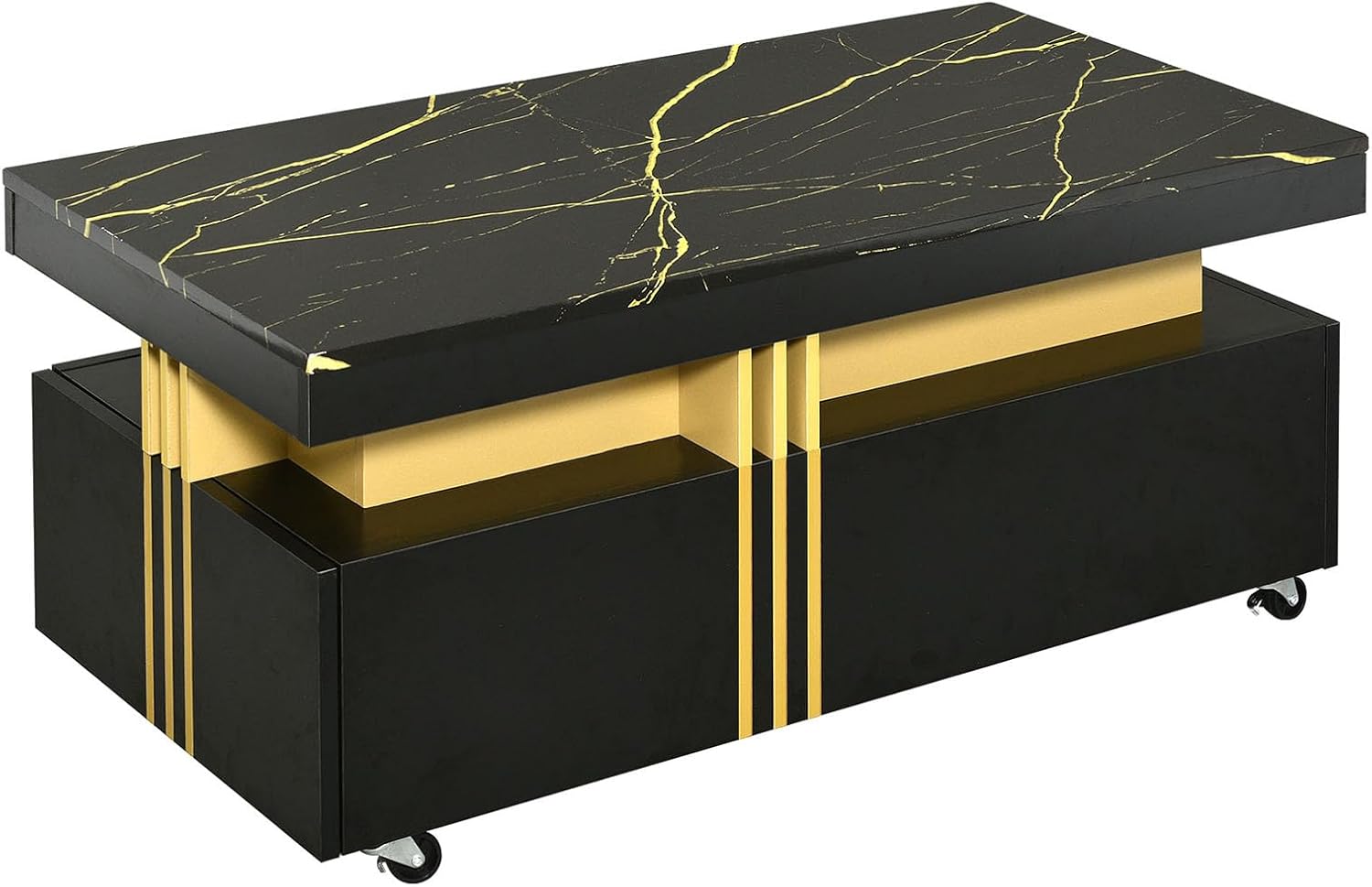 42 Inch Modern Coffee Table with Faux Marble Top, Black Rectangular Cocktail Table with Drawers and Caster Wheels, Gold Metal Bar Center Table for Living Room, Durable MDF Construction