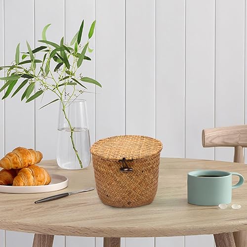 Miniatura 9 de Cabilock Contenedores de almacenamiento de mimbre decorativos con tapas, cesta de almacenamiento de hierba marina de ratán tejido, cajas