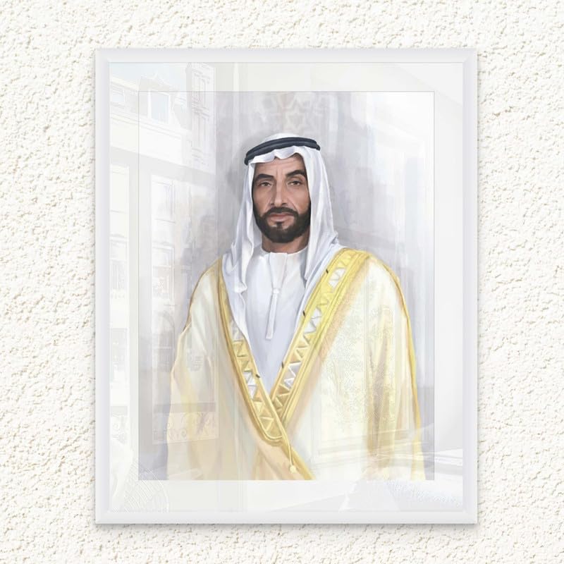 Art Decor Framed Fine Art of Sheikh Zayed Bin Sultan Al Nahyan Portrait UAE Wall Art with Matt Board Print Wall Decor for Home Living Room Office Decoration and Gifting 30x40cm