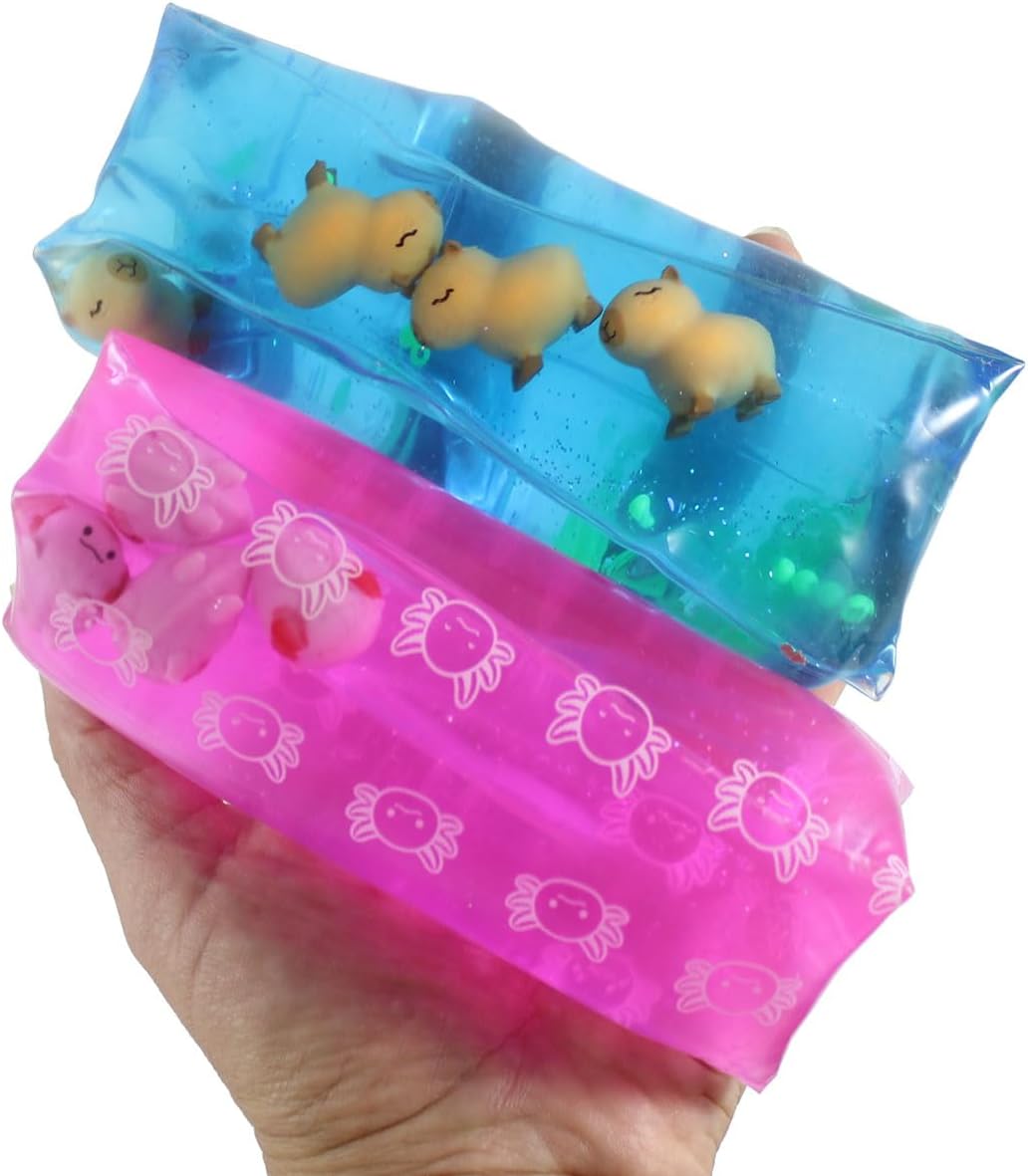 Curious Minds Busy Bags Set of 2 Animal Water Wigglers - Axolotl & Capybara Stress Toy - Squishy Slippery Sensory Fidget (Random Colors)