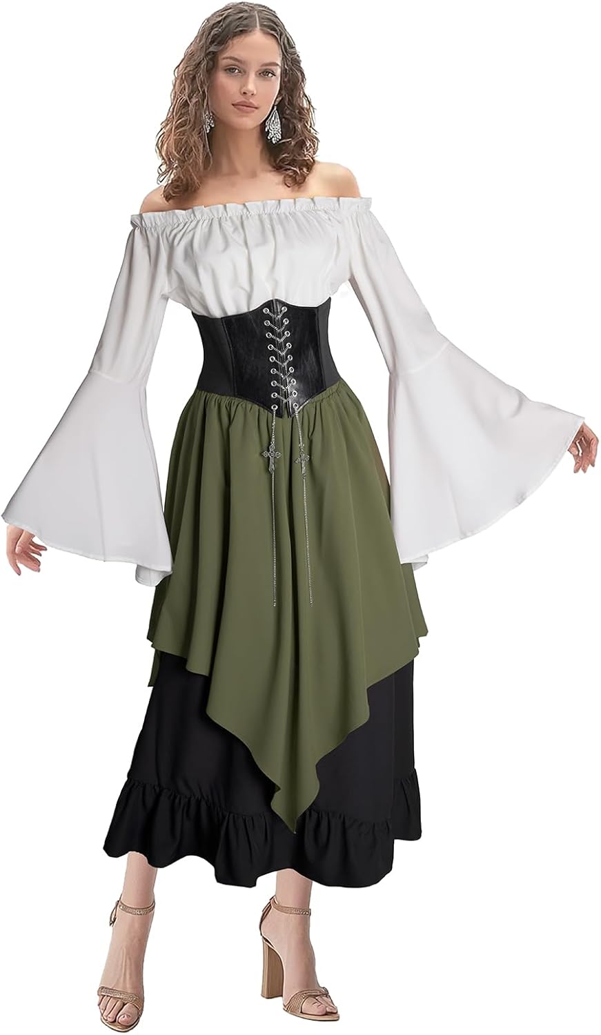 Renaissance Costume Women Medieval Dress Trumpet Sleeve Victorian Shirt and Skirt