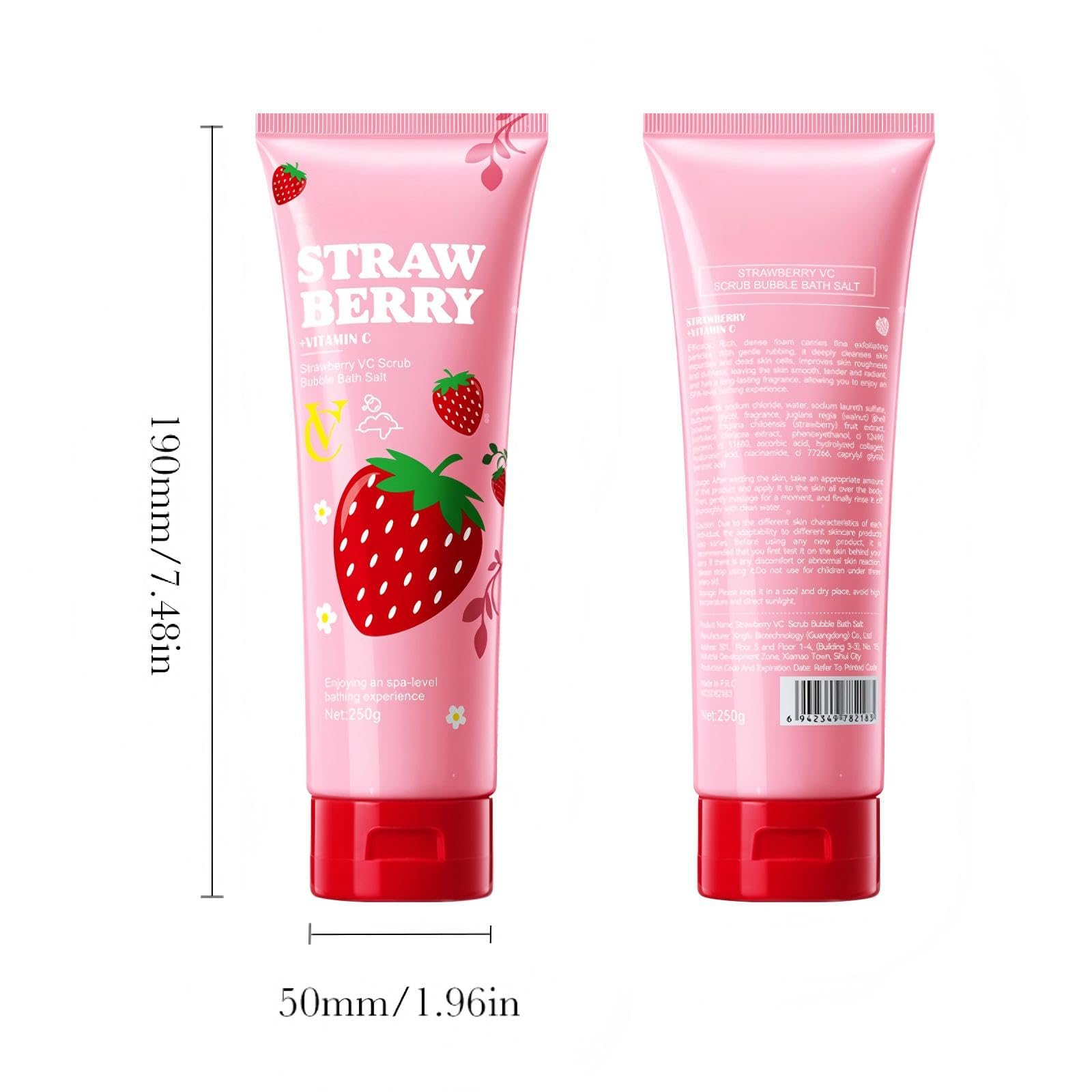 250 g soli do kąpieli truskawkowych VC z pianką, dokładnie oczyszcza skórę, w zestawie gąbka pod prysznic, złuszcza i pielęgnuje skórę