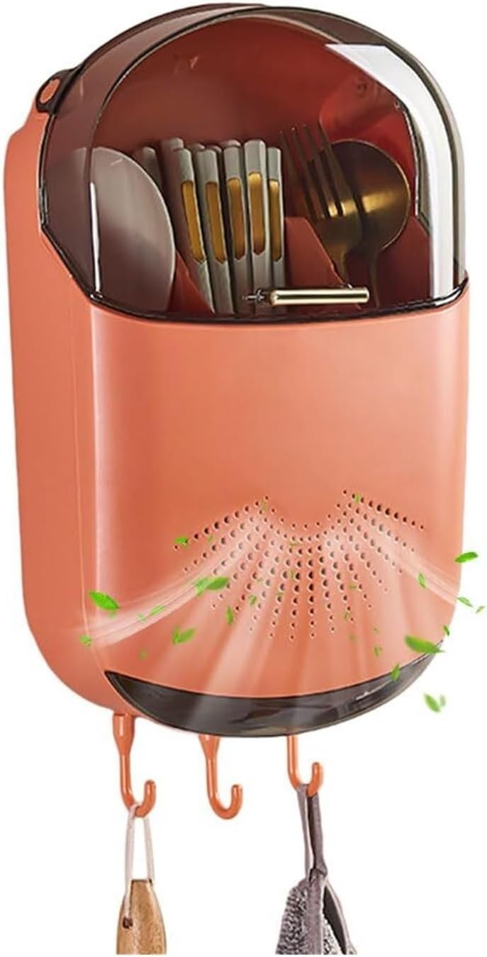Wall Mounted Cutlery Drainer with Lid - Kitchen Utensil Organizer for Spoons Chopsticks Forks - Dustproof & Waterproof Storage Box(Orange)