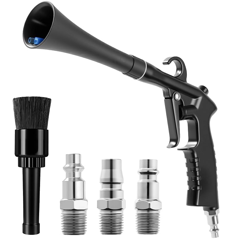 Pistola de ar para limpeza e detalhamento automotivo DLSYBHYS com tubo giratório de 360°, 2 bicos e 3 conectores rápidos