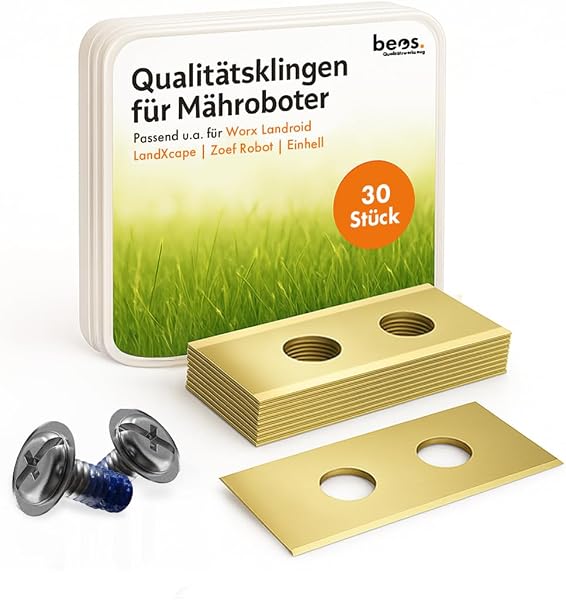 beos 30 x Lames de Rechange Premium Titan vis avec fusible - Lames de Rechange pour Les Marques Premium Worx, LandXcape, Zoef Robot, Einhell, Kress - Épaisseur de Lame de 0,9 mm - 1