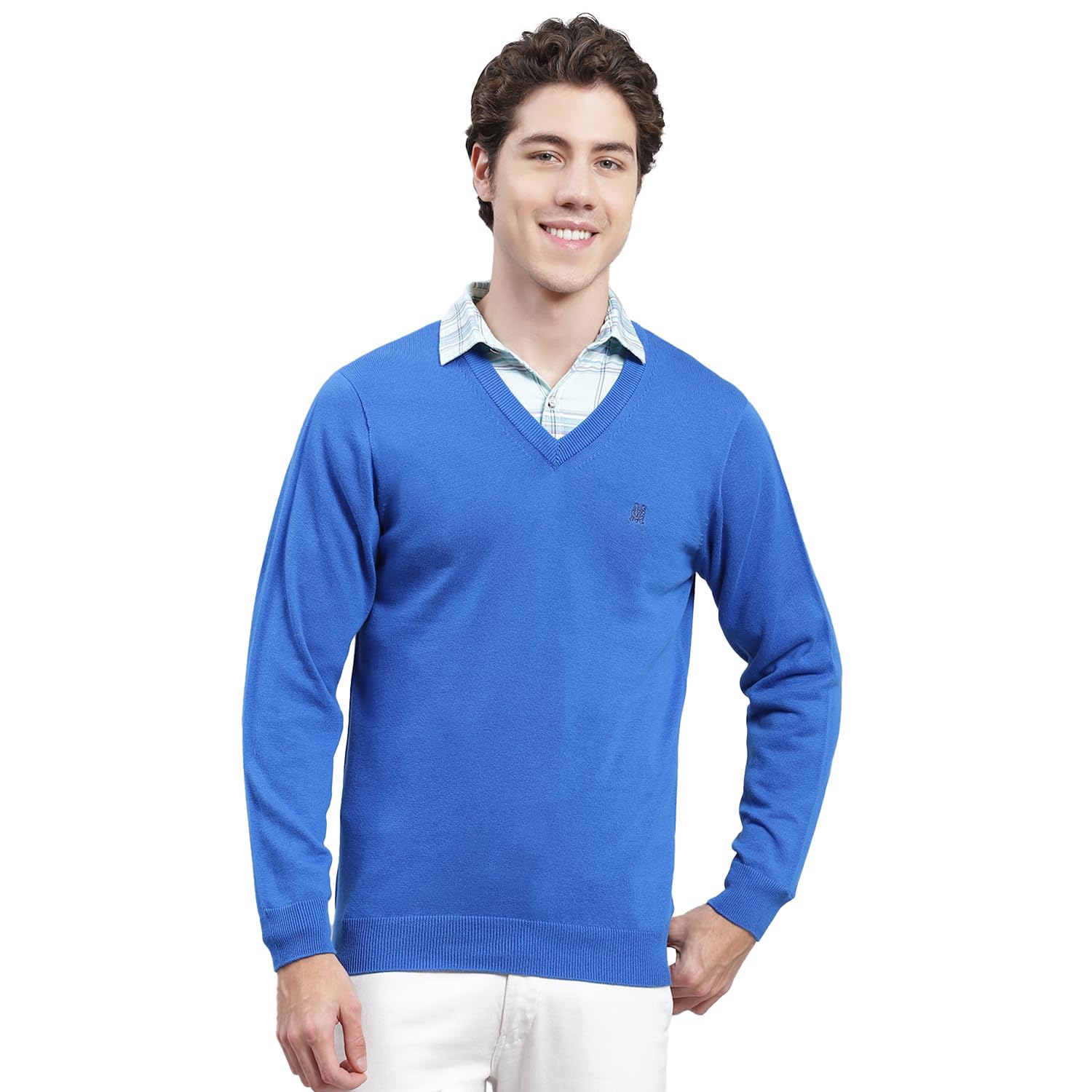 Mens Solid Blue V Neck Full Sleeve Pullover_1240550VN-426-36
