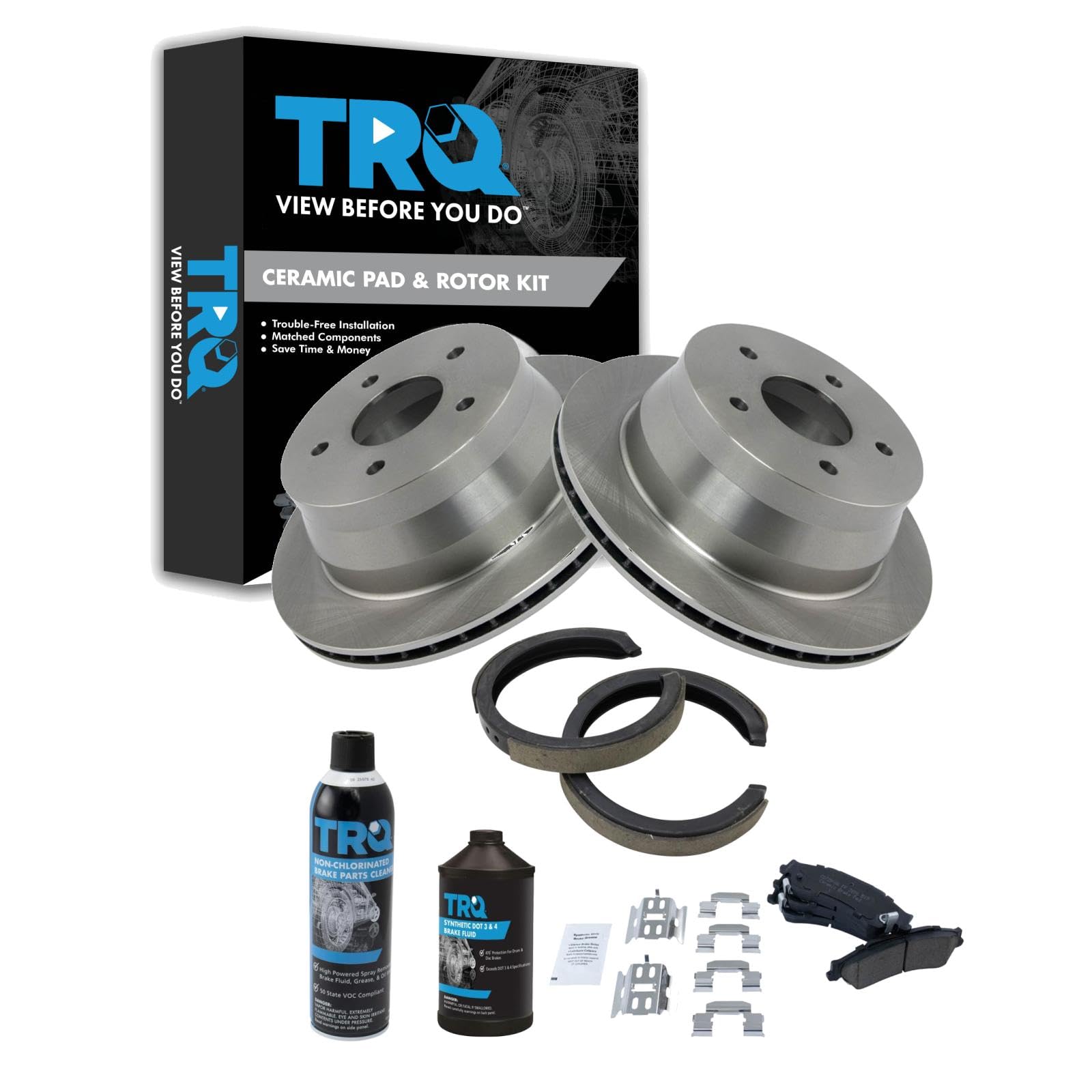 TRQ Rear Brake Pad &amp; Rotor Kit Ceramic Compatible with 1997-2005 Chevrolet Blazer 1999-2004 S10 1997-2001 GMC Jimmy 1998-2004 Sonoma 1998-2000 Isuzu Hombre Oldsmobile Bravada