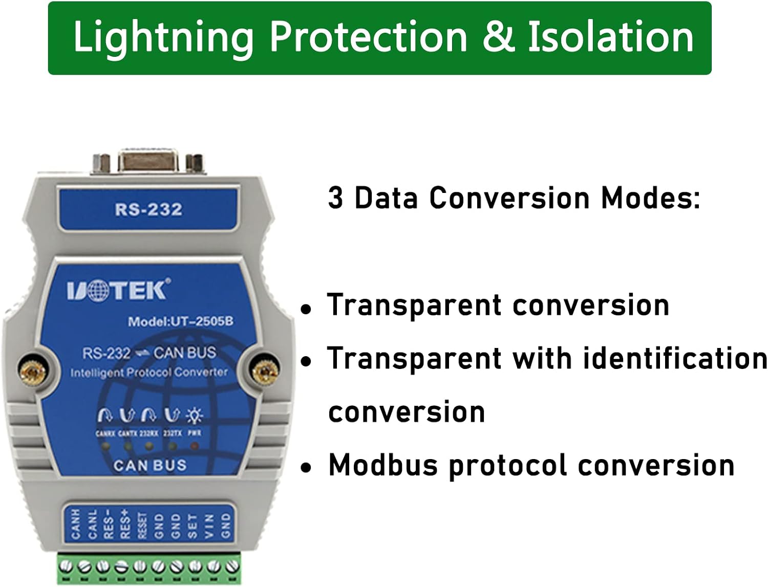 RS232 to CAN Bus Converter, RS-232 to CAN Protocol Adapter Industrial Grade RS 232 to Canbus Intelligent Protocol Converter with Isolation UT-2505B