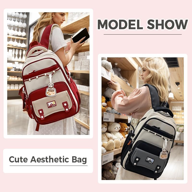 Cute Aesthetic Large Waterproof Backpack for Women Y2K Casual Laptop Backpacks Preppy College Anti-Theft Daypack (Purple) - Image 7