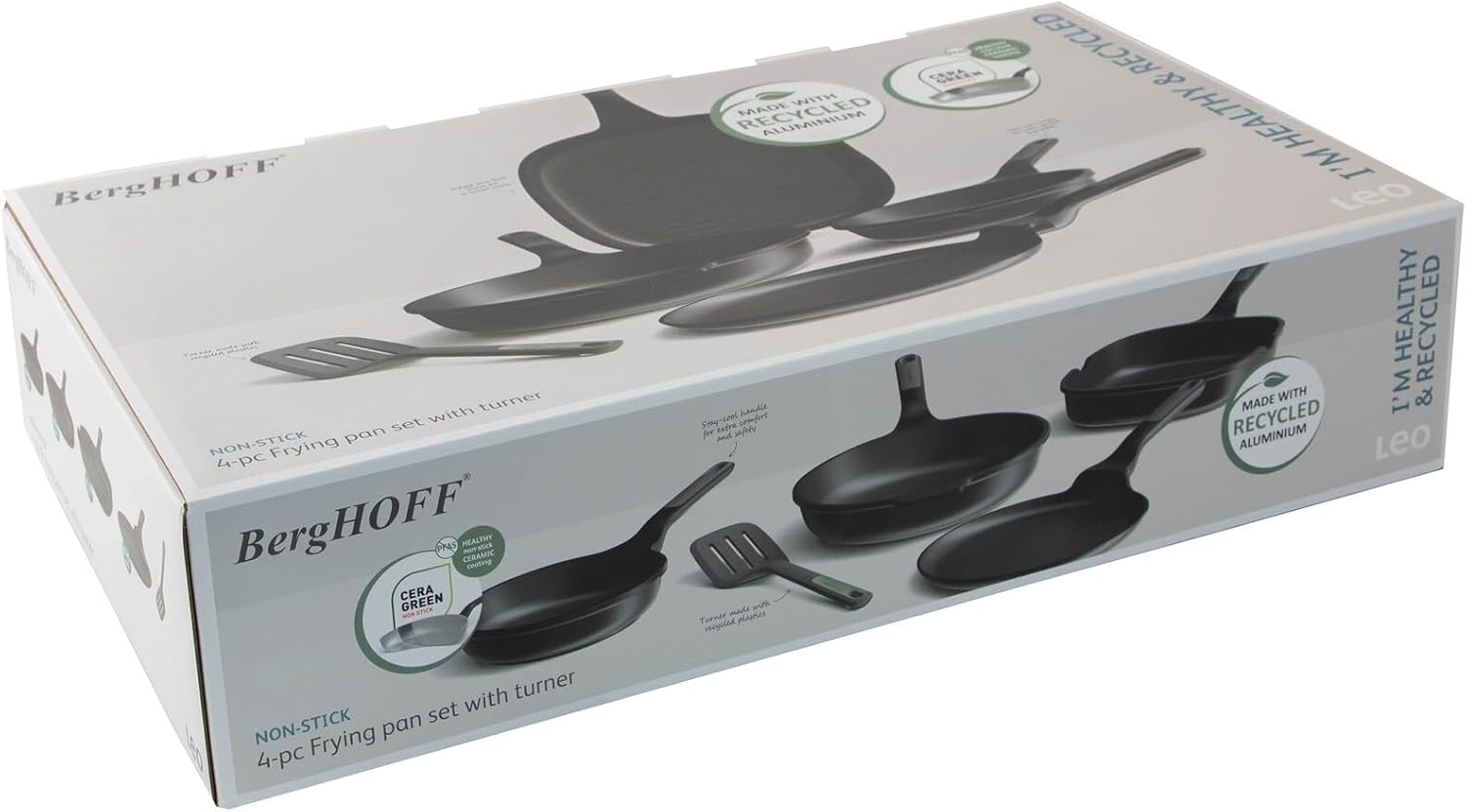 BergHOFF Leo Stone+ 5-piece Nonstick Ceramic Specialty Pan Set with Turner Recycled Material CeraGreen Non-toxic PFAS Free Cookware Stay-cool Handle Induction Ready