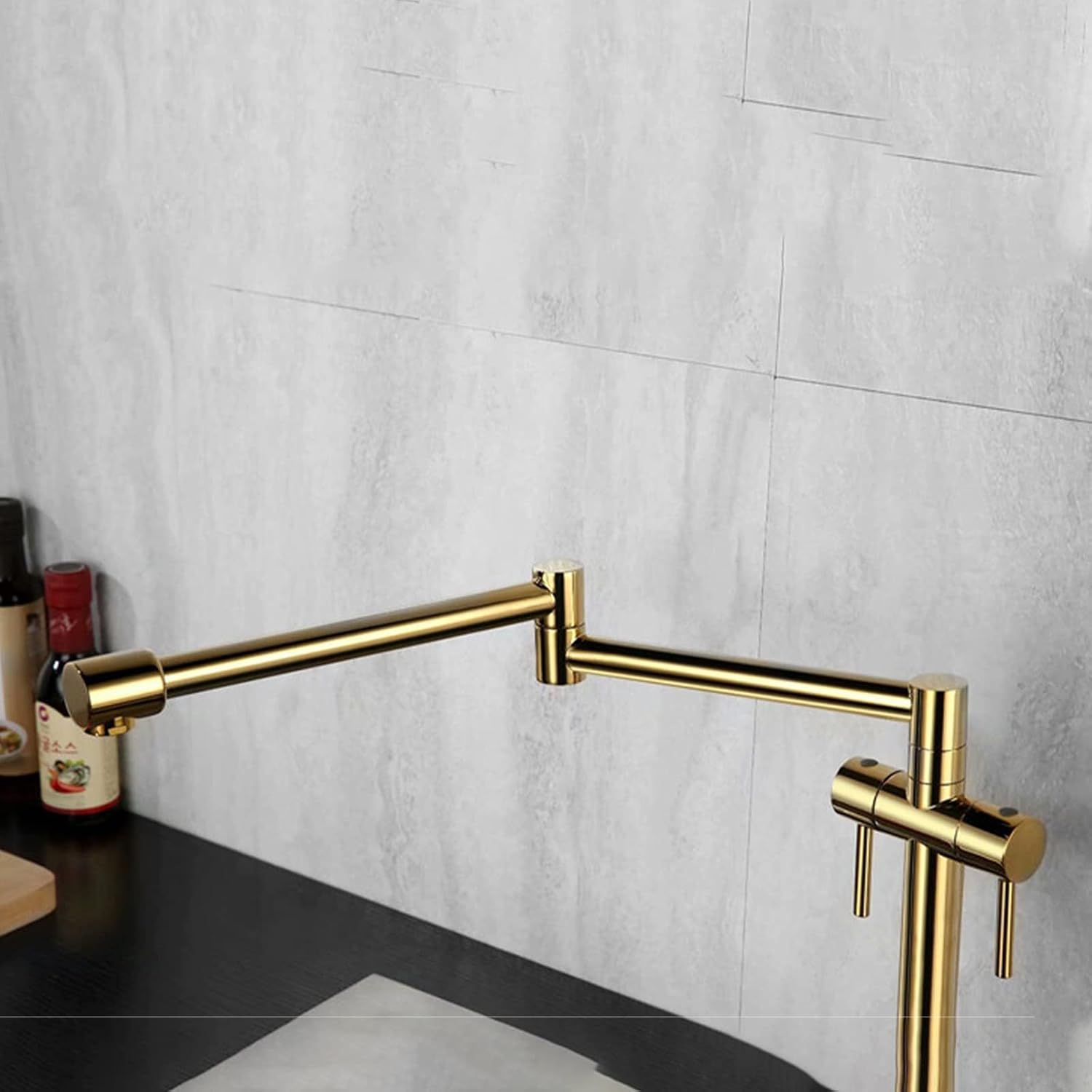 Pot Filler Faucet, Deck Mounted Folding Stretchable Pot Filler Faucet, Brass Double Handle Single Hole Joint Swing Arm Kitchen Sink Mixer Tap,Silver，Gold
