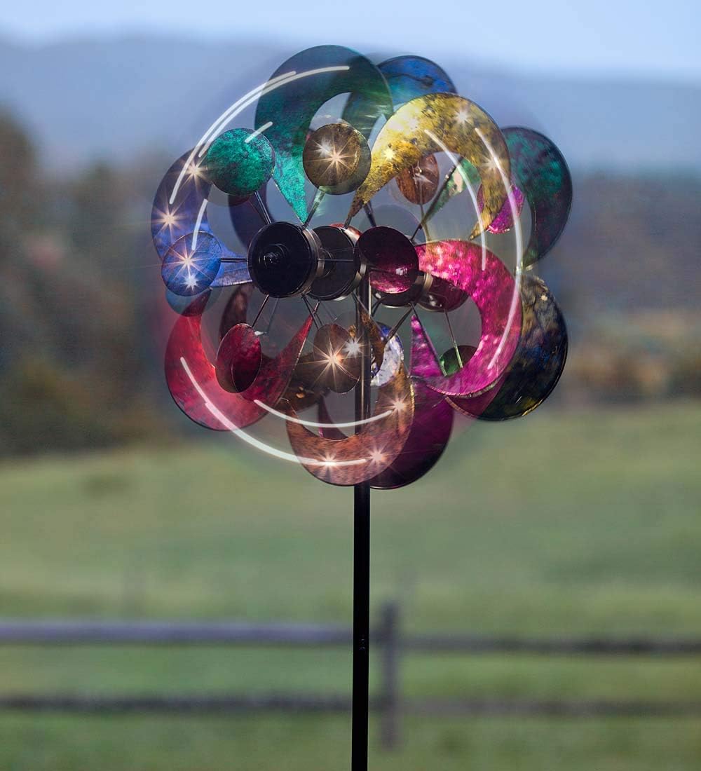 Plow & Hearth Solar Gala Wind Spinner - Enchanting 7ft Multicolor 4-Blade Wind Art | 24"x20.75"x84" | Integrated Solar Panels | LED Lights | Mesmerizing Garden Display