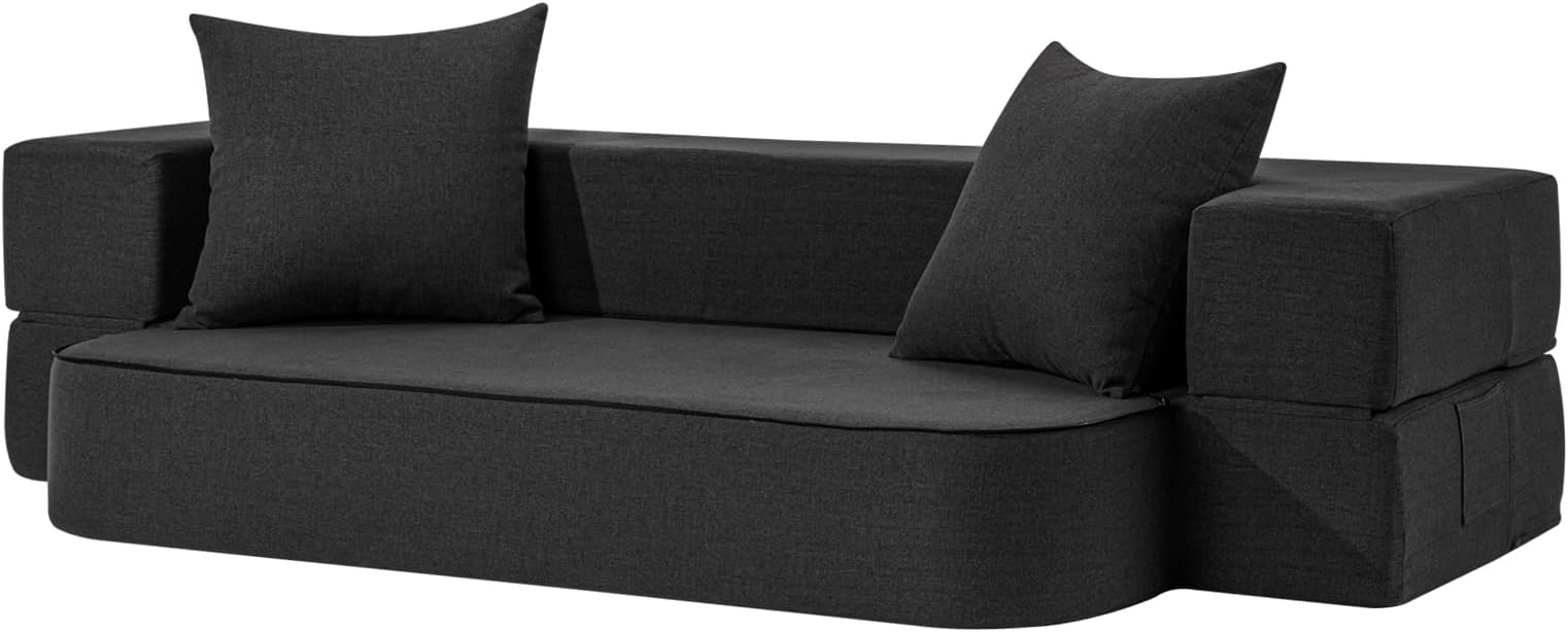 SUYOLS 2-in-1 Folding Sofa Bed Twin Size with 2 Pillows - Folding Floor Couch & Bed Mattress - Washable Cover & Memory Foam Sleeper Chair Guest Bed Playmat Dark Grey…