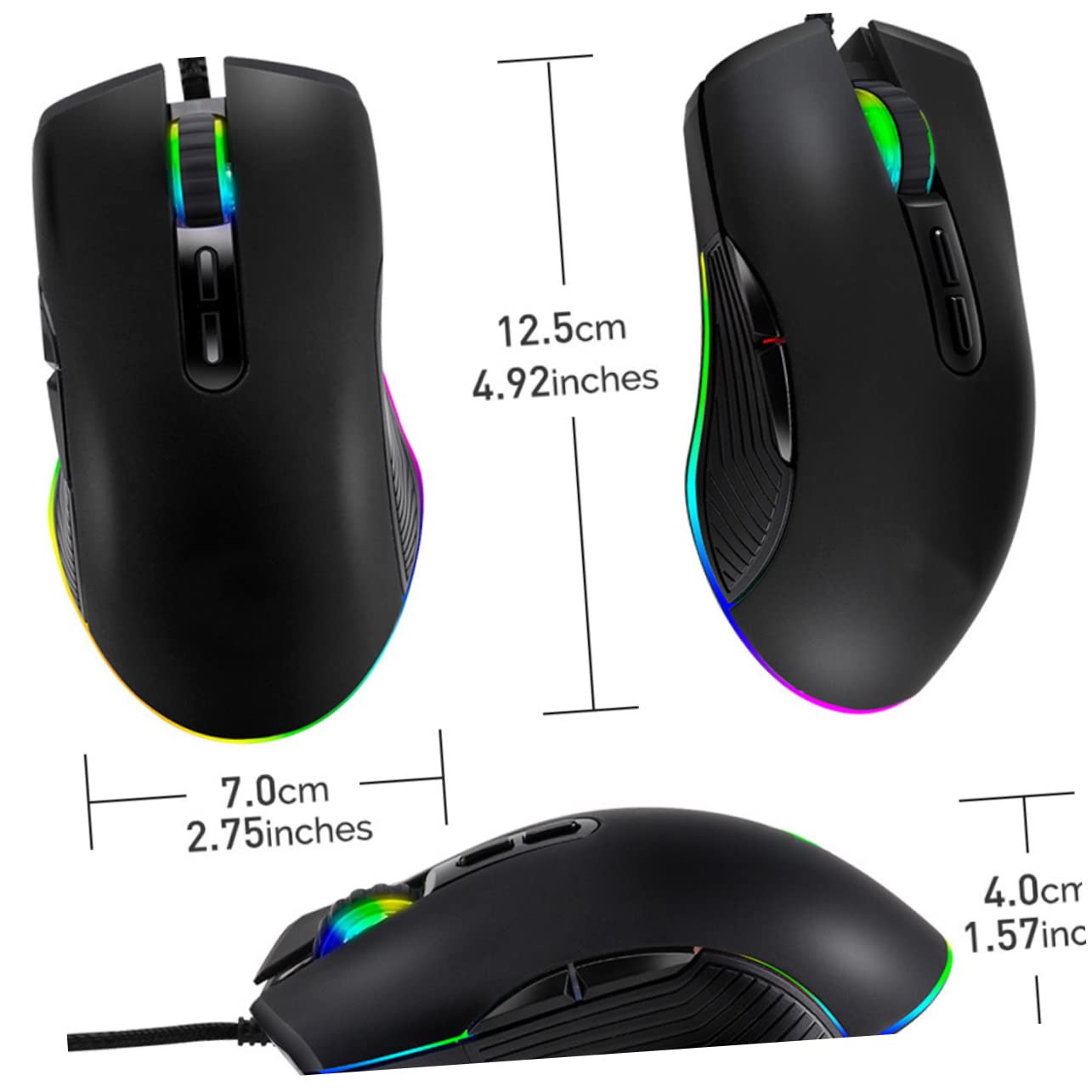 Ratón Gaming USB-c de 7 Teclas Iluminación RGB para PC | Óptico Profesional, Negro Abs Mate, 800/1200/1600/3200 Dpi, Plug Play para Ordenador y Portátil