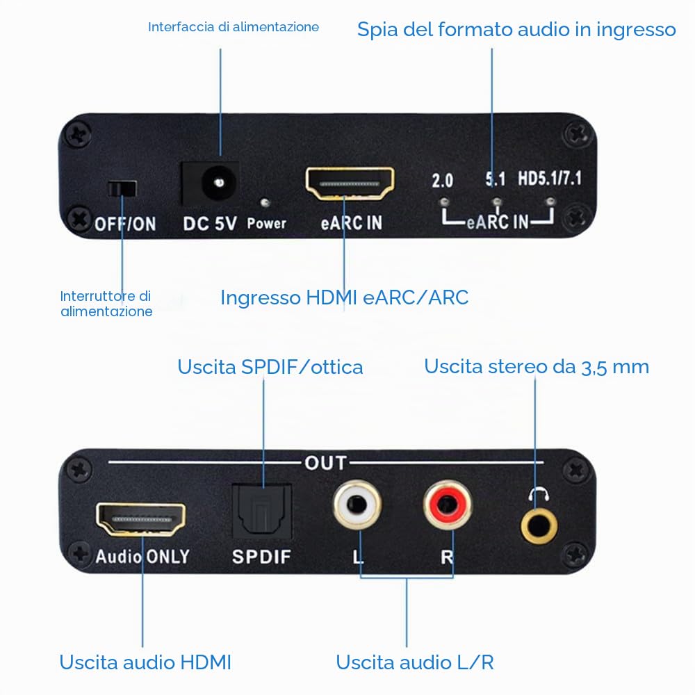 Convertitore Audio HDMI eARC Arc, frequenza di campionamento Audio 24bit/192KHz, Ritorno Audio Arc, HD 5.1 e HD 7.1 canali, convertitore Audio AV 3,5 mm, Supporta ingressi eARC & Arc