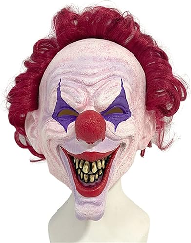 Máscara de payaso de terror con pelo rojo, máscara de payaso asesino de cabeza completa, máscara realista de miedo con dientes, máscara de payaso