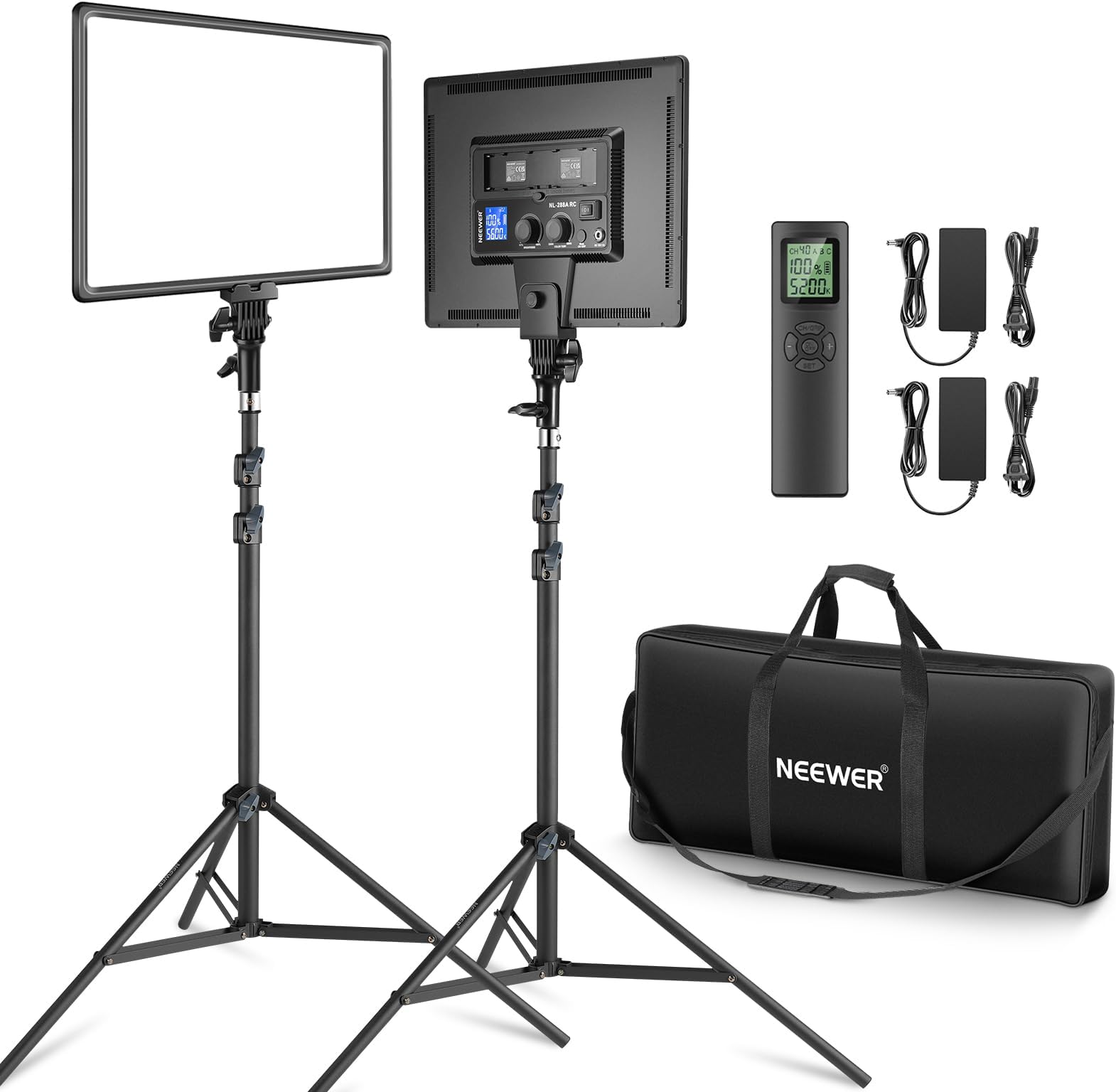 Neewer 18" Led Video Light Panel Key Lighting Kit with Remote, 2-Pack 45W Dimmable Bi Color + Tripod Stand, 3200K–5600K Soft Light CRI 97+ 4800Lux for Game Live Streaming Studio Photography Recording