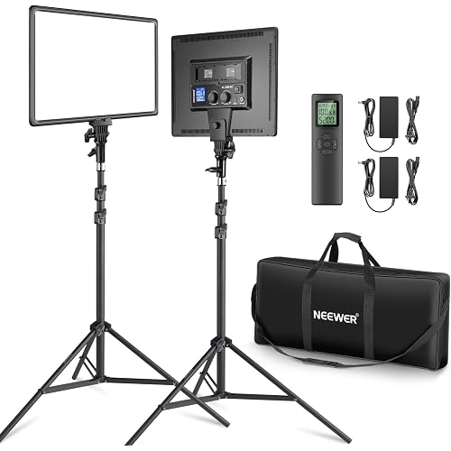 Neewer 18" Led Video Light Panel Key Lighting Kit with Remote, 2-Pack 45W Dimmable Bi Color + Tripod Stand, 3200K–5600K Soft Light CRI 97+ 4800Lux for Game Live Streaming Studio Photography Recording